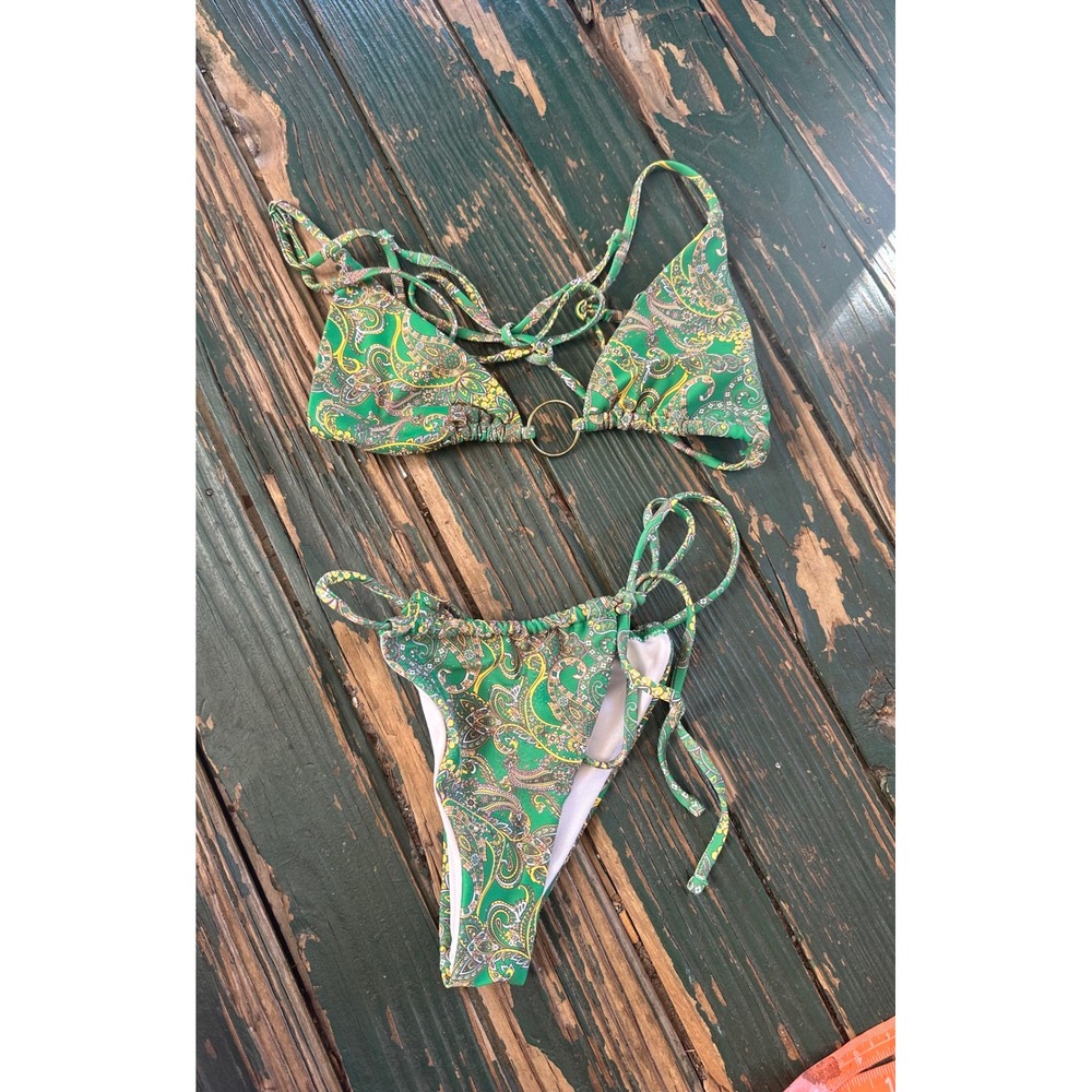 Green Paisley Triangle Bikini Set O-Ring Detail Side Tie Bottoms Bohemian